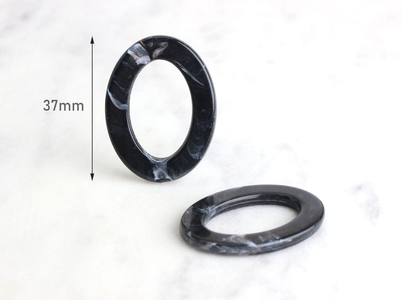 4 Large Oval Ring Connectors in Black Marble, Acrylic Plastic O-Rings, 37 x 18mm