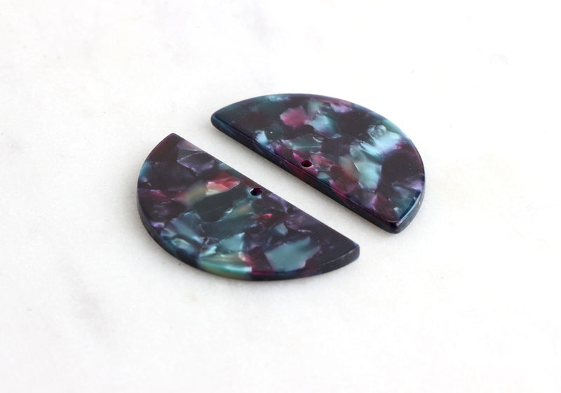 2 Large Half Circle Earring Components, Galaxy Marble in Purple and Green, Cellulose Acetate, 37 x 18mm