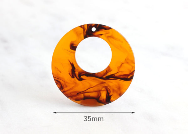 2 Amber Ring Drop Charms, Smooth Round Disc 35mm, Sandstone Bead Red Brown Circle Resin Hoop Earrings Faux Tortoise Shell Supply RG023-35-AM