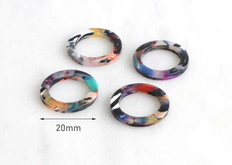 4 Colorful Ring Links 20mm, Water Marble Multicolor Tortoise Shell Findings, Flat Edge Rings Beads Hoop Links Closed Jump Rings RG024-20-DMC