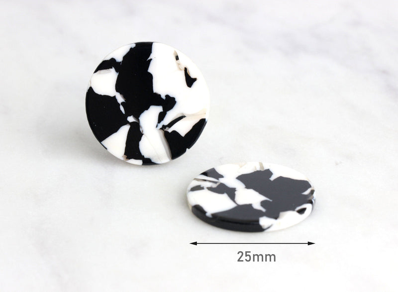 4 White and Black Marble Circles 25mm Diameter Round Coins Big Round Earrings Oversized Acetate Tortoise Shell Flat Disc Beads LAK007-25-BW