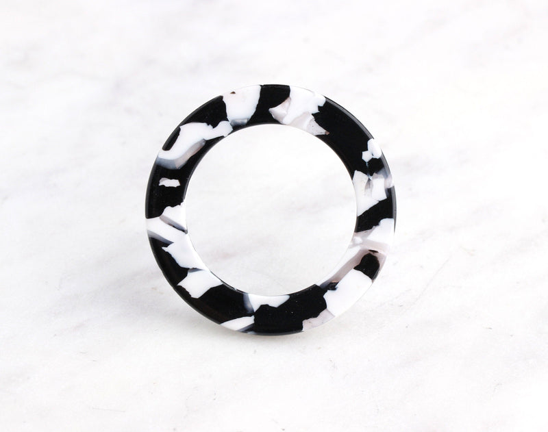 2 Large Round Rings without Holes, Black and White Marble, Great for Hair Clips, Purse O Rings and Swimsuits, Cellulose Acetate, 38mm