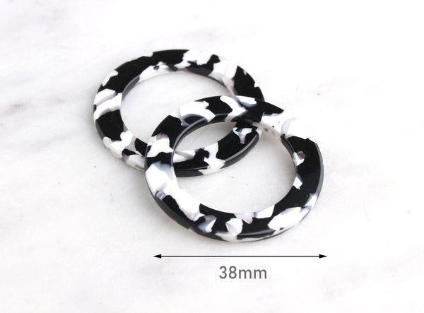2 Large Round Rings without Holes, Black and White Marble, Great for Hair Clips, Purse O Rings and Swimsuits, Cellulose Acetate, 38mm