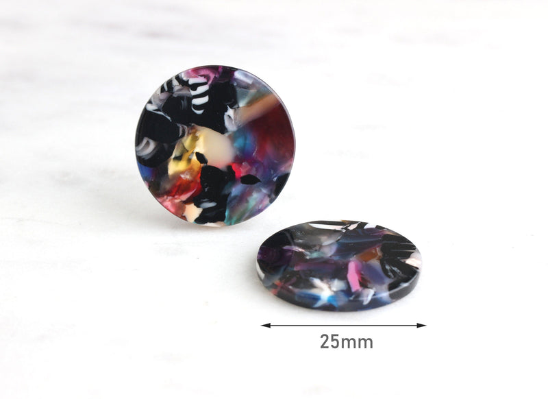 4 Flat Discs in Dark Rainbow Ombre, Flat Round Drops Cellulose Acetate Earrings Blanks Resin Colorful Charms Black Marble Slab LAK013-25-DMC