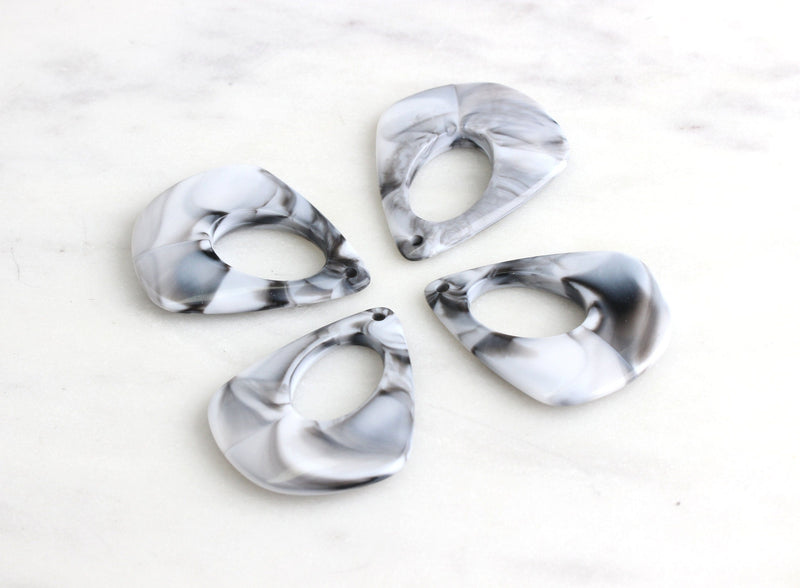 2 Grey Marble Pendants, Acrylic Teardrop Hoops, White Marble Stone Plastic Loops Large Teardrop Pendant, Off White Beads TD005-41-GWM