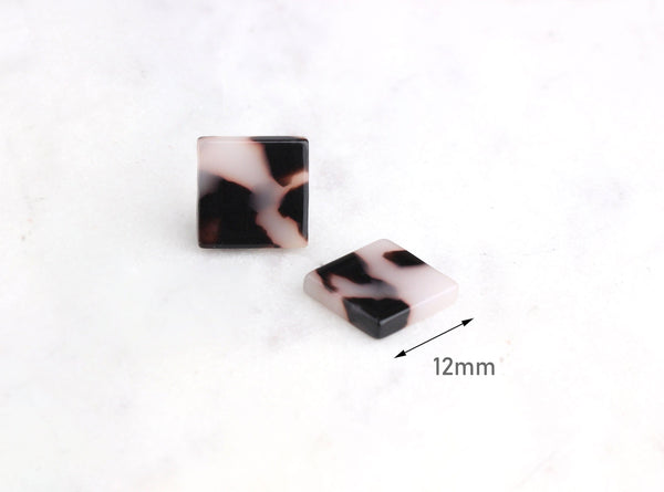 4 Little Square Studs Earring Blanks Acrylic, Flat Square Beads Black White Studs Tortoise Shell Supply, Beads Picasso Finish LAK024-12-WT