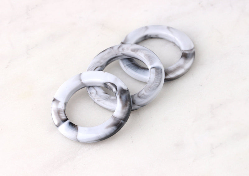4 White Gray Marble Pendant, 30mm Ring Links, Necklace Circle Ring Acrylic, Grey Swirl Beads, Circle Links, White Marble Charms RG037-31-GWM