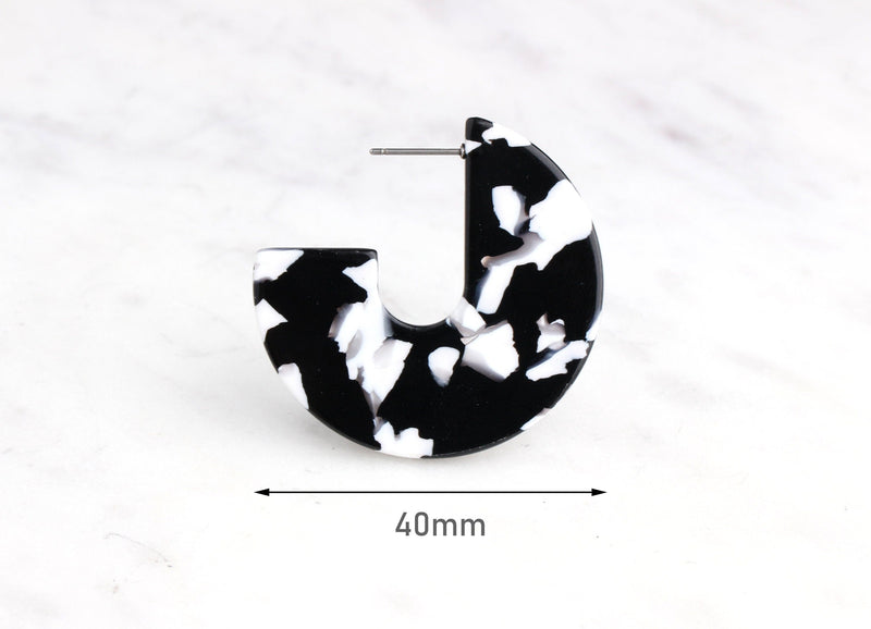 Black White Hoops 1.5 Inch, 1 pair Tortoiseshell Hoop Earrings Acrylic Tortoise Earring Lucite Hoop Lightweight, Cracked Marble EAR011-40-BW