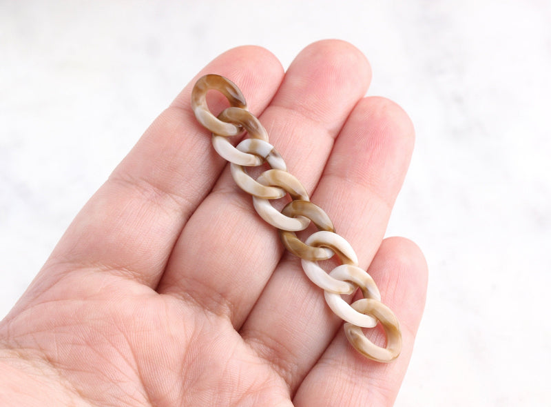 1ft Cafe Latte Acrylic Chain Links, 10mm, Light Brown and White Marble