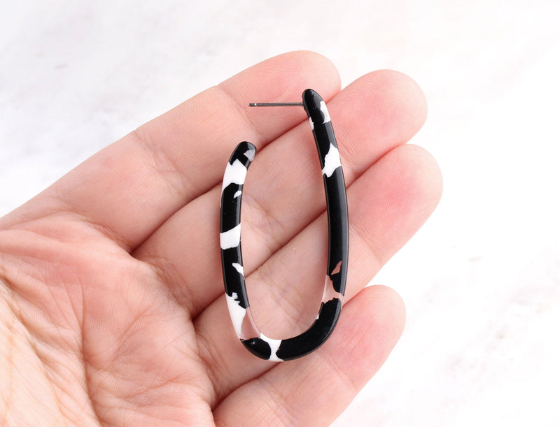 Oval Hoop Earrings Supply, 1 pair, Black and White Tortoise Shell Hoops Acetate Jewelry Findings, Animal Print, 2 Inch Hoops, EAR020-53-BW