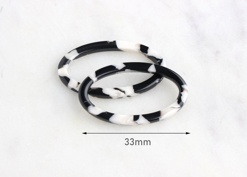 4 Large Oval Links, Black and White Tortoise Shell Connectors Plastic Chain Links Acrylic, Open Oval 1 Inch, Black Marble Beads, VG021-33-BW