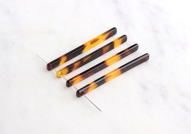 4 Extra Long Bars in Tortoiseshell, Stick Earring Findings, Cellulose Acetate, 45 x 4mm