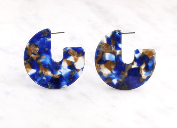 Blue Tortoise Shell Earrings 1 pair, 2 Inch Hoops, Resin Hoop Earrings, Blue Acetate Earrings Findings, Acetate Jewelry Supply, EAR015-43-BY