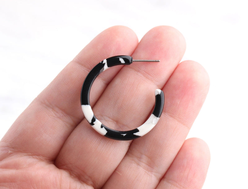 Mini Hoop Earring Parts, 1 Pair, Black and White Tortoise Shell Jewelry Supply, Small Round Hoops 30mm, Thin Dainty Hoops, EAR029-30-BW