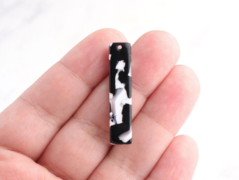 4 Black Acetate Charms, Vertical Bar Shaped, Black and White Marble, 35 x 7.5mm
