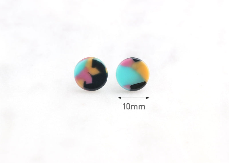 Tiny Circle Earrings Blanks, 1 Pair, Acetate Tortoise Shell Stud Earrings, Small Post Earrings, Teal Studs, Round Circle Studs EAR031-10-TPY