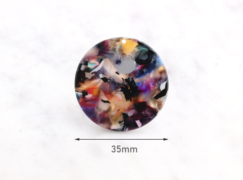 4 Large Round Pendants, Acetate Pendant Tortoise Shell Supply, Dark Marble Resin, Acrylic Drops, Colorful Tortoise Findings, CN035-35-DMC