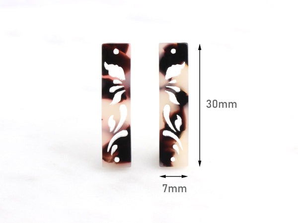 2 Engraved Bar Charms in Tortoiseshell, Horizontal Bar Connector, Butterfly Links, Cut Out Bar Necklace Tortoise Shell Supply, BAR012-30-WT