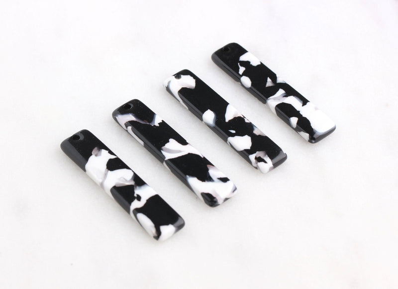 4 Black Acetate Charms, Vertical Bar Shaped, Black and White Marble, 35 x 7.5mm