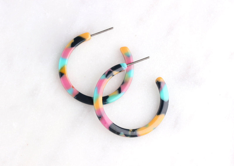 Multicolor Tortoise Shell Hoops, 1 Pair, Blue Green Pink Yellow, Resin Hoop Earrings Findings, Acrylic Acetate Jewelry Supply, EAR034-30-TPY