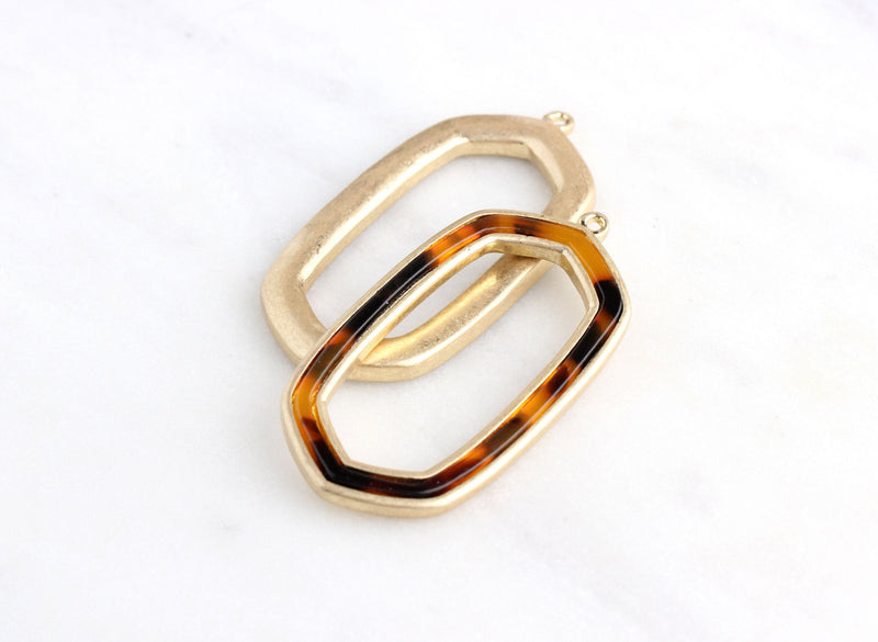 1 Brushed Gold Tortoise Shell Pendant, Large Drop Pendant Tortoiseshell, Metal Setting, Satin Gold Hexagon Ring Charm Acetate MA001-48-GTT