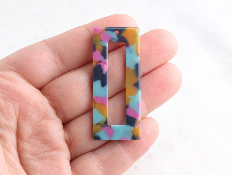 2 Open Rectangles Charms, Bermuda Blue Pink Yellow, Acetate Tortoise Shell, Acrylic Earring Blanks, DX015-50-UPY