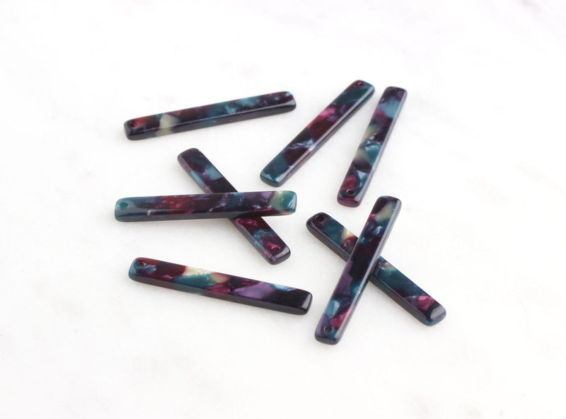 4 Thin Stick Charms, Galaxy Marble in Purple and Green, Cellulose Acetate, 35mm x 5mm