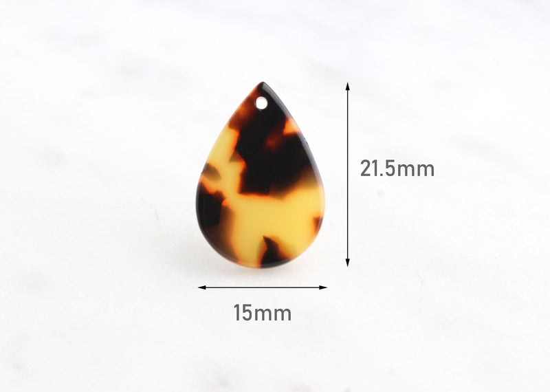 2 Flat Teardrops Charms in Tortoiseshell, 1 Hole, Cellulose Acetate, 21.5 x 15mm