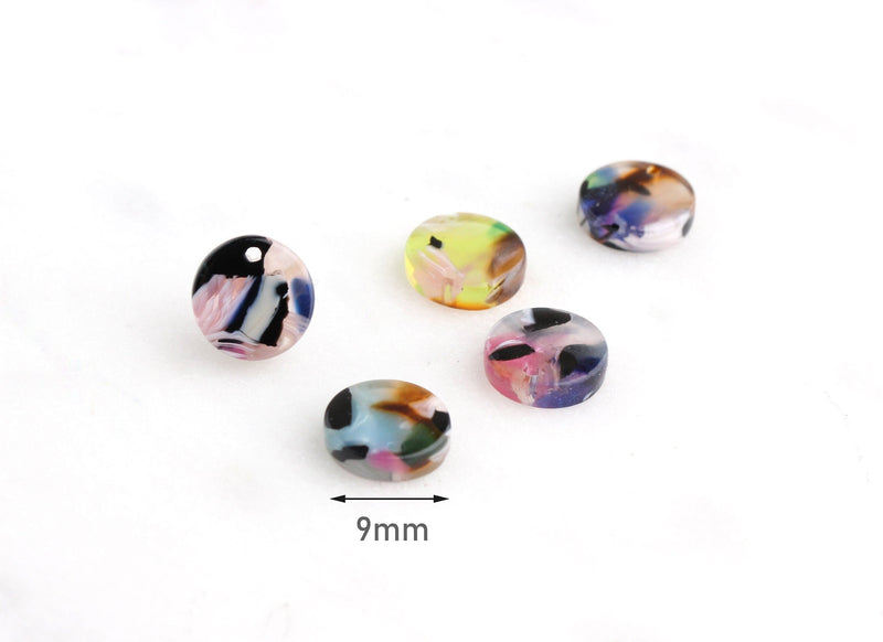 4 Mini Disc Charms, 9mm Disc with Hole, Acrylic Circle Blank, Coin Shape Bead Ultraviolet Black Pink Yellow, Earring Stud Blank CN050-09-KMC