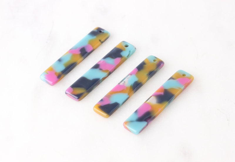 4 Blue Tortoise Shell Charms, Short Bar 3.5cm, Aqua Blue Cyan Pink Yellow, Primary Color Beads, Pink Acetate Jewelry Findings, BAR020-35-UPY