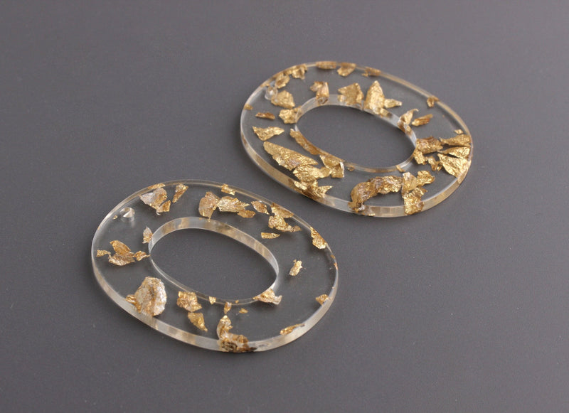 2 Clear Plastic Bead with Gold Flakes, Clear Gold Foil, Laser Cut Acrylic Earring Finding Acetate Transparent Acrylic Oval Ring VG029-50-CGF