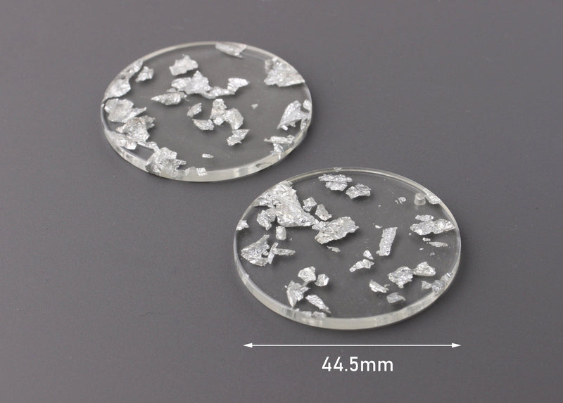 2 Clear Acrylic Charms with Silver Foil Flakes, Transparent, Designer Charms, 44.5mm