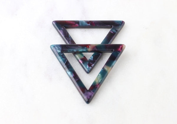2 Inverted Triangle Ring Charms, Galaxy Marble in Purple and Green, Acetate Plastic, 34.5 x 30mm