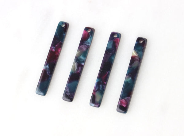 4 Thin Stick Charms, Galaxy Marble in Purple and Green, Cellulose Acetate, 35mm x 5mm