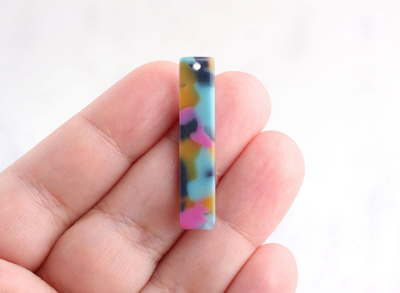 4 Blue Tortoise Shell Charms, Short Bar 3.5cm, Aqua Blue Cyan Pink Yellow, Primary Color Beads, Pink Acetate Jewelry Findings, BAR020-35-UPY