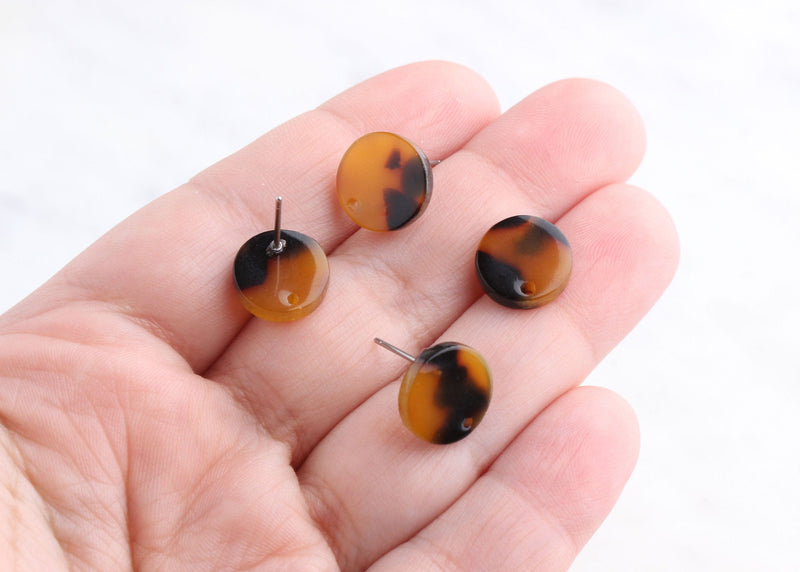 4 Dark Tortoise Shell Stud Earrings, Resin Tortoise Earring Findings Acrylic Stud with Hole, Earring Post Base, Circle Ear Post EAR040-11-TT