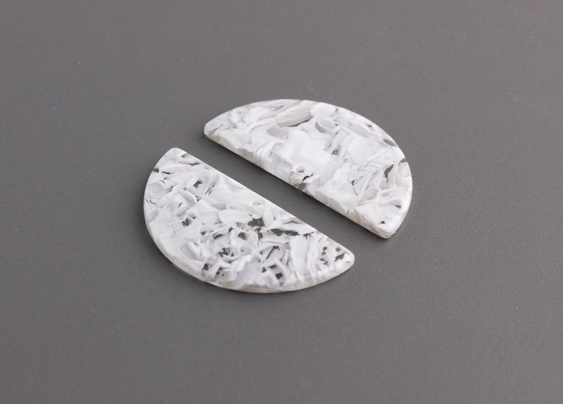 2 White Half-Circle Pendant, Half Discs, Clear Acetate Earring Findings, Light Gray Acetate, Large Resin Half Circle Bead, CN058-37-WCL