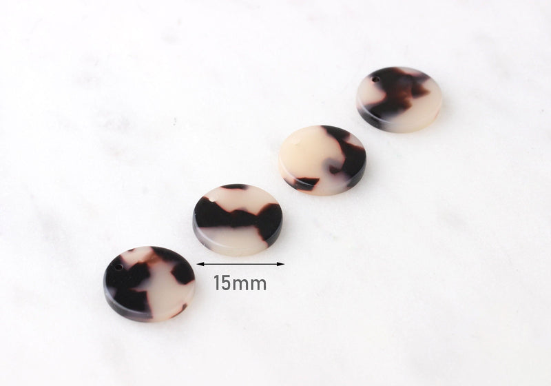 4 Tortoise Bead Charms, Flat Round Circles,  Small Discs, White Black Marble Earrings Tortoiseshell, Acetate Tortoise Pendant, CN046-15-WT