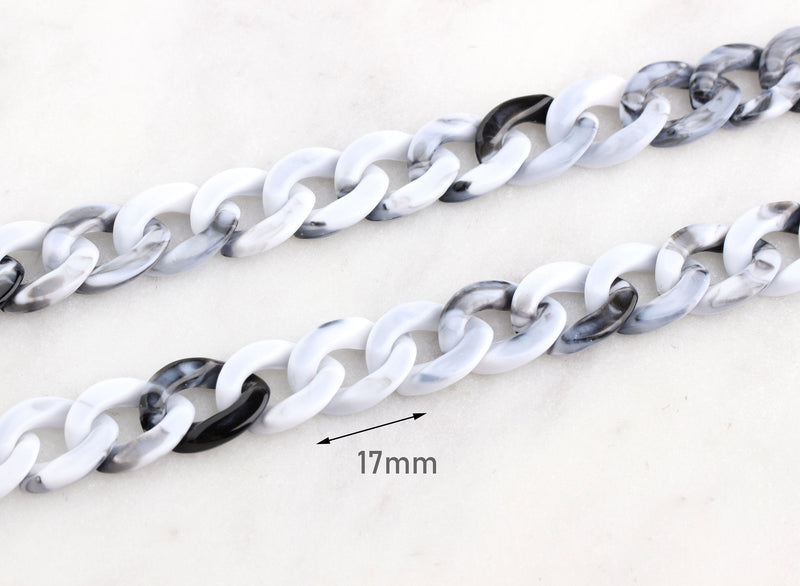 1ft Small Plastic Chain Links in Carrara Marble, 10mm, White and Gray