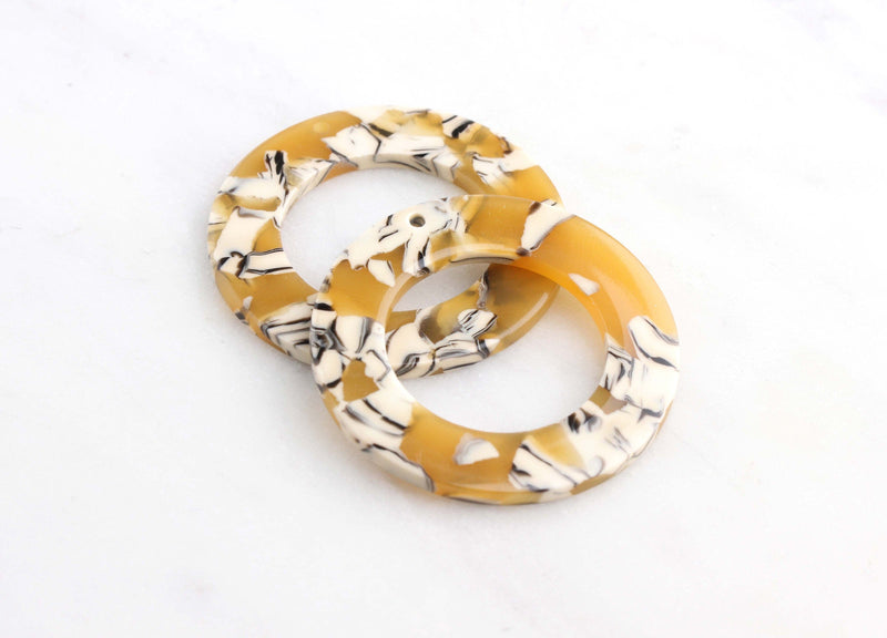 2 Large Donut Rings with 1 Hole, Sunflower Yellow Tortoise Shell and White, Cellulose Acetate, 39mm