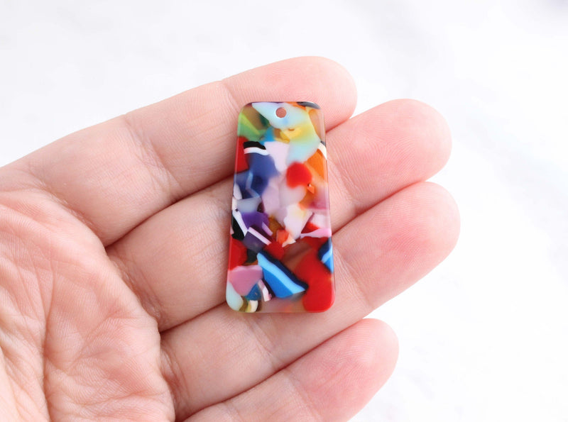 2 Trapezoid Charms in Rainbow Confetti Tortoise, Flat Rectangle Blanks, Acetate, 37 x 19mm