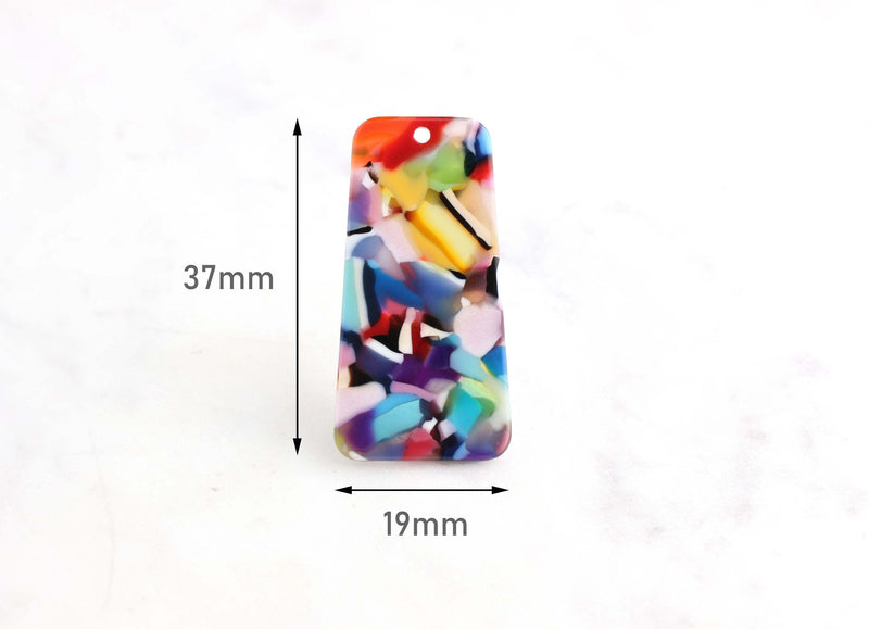 2 Trapezoid Charms in Rainbow Confetti Tortoise, Flat Rectangle Blanks, Acetate, 37 x 19mm