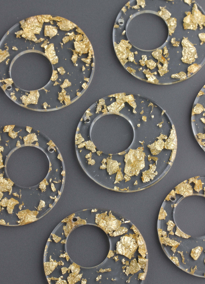 2 Transparent Acrylic Discs with Gold Flakes, Laser Cut Circle Cut Out