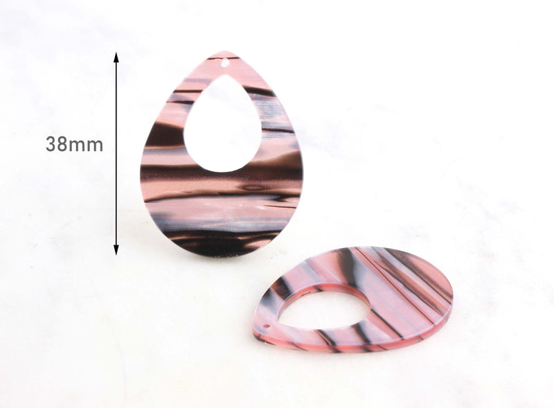 4 Large Teardrops with Zebra Stripes, Pink Black White, Tortoise Shell Blanks, Fat Teardrop Pink Marble Pendant, Striped Beads TD017-38-PSTR