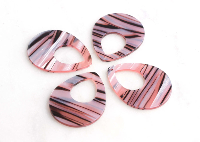 4 Large Teardrops with Zebra Stripes, Pink Black White, Tortoise Shell Blanks, Fat Teardrop Pink Marble Pendant, Striped Beads TD017-38-PSTR