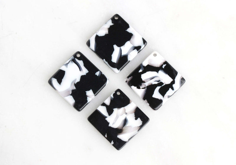 4 Diamond Square Charms, Black and White Marble, Cellulose Acetate, 24 x 24mm