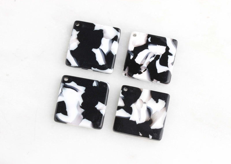 4 Diamond Square Charms, Black and White Marble, Cellulose Acetate, 24 x 24mm