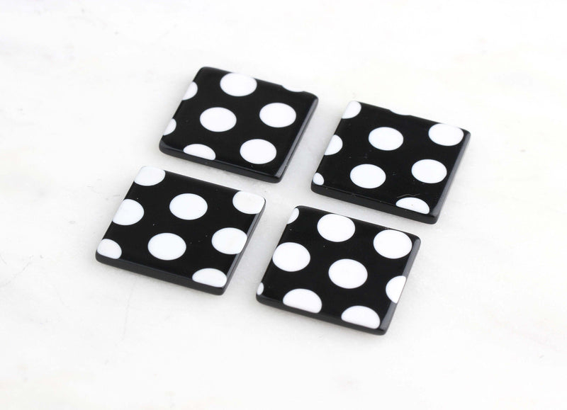4 Black Polka Dot Beads, Acetate Earring Blanks Square Resin Cabochon, Black and White Spot Pattern, Resin Stud Blanks, LAK030-22-BDOT
