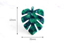 2 Green Monstera Leaf Charms, Vintage Green Tortoise Shell, Cellulose Acetate, 43 x 35mm