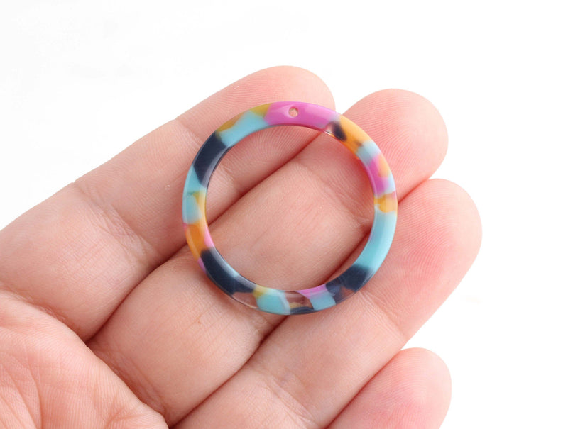 2 Large Circle Loop Pendant in Blue Pink Yellow, Confetti Tortoise Shell Rings, Large Circle Link, Pink Cellulose Acetate Ring, RG052-32-UPY